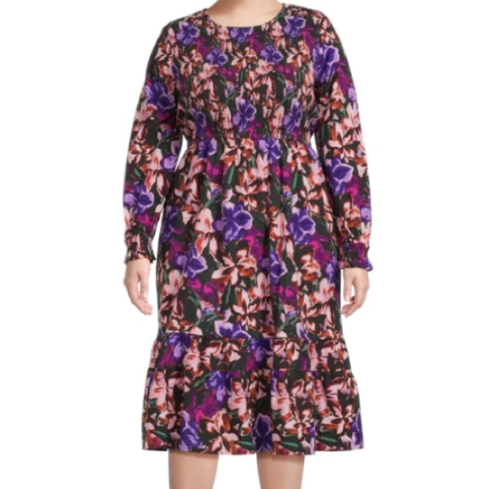 Terra & Sky Midi Dress Floral Purple Pink Cotton Tiered Long Sleeve 14W / 0X